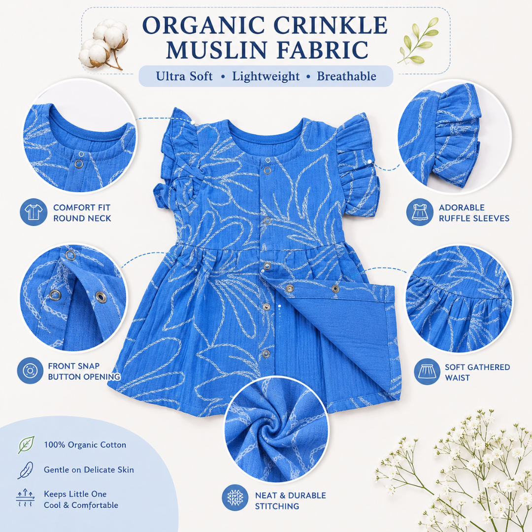 Lilimi Crinckled Muslin Cotton Baby Girls Frocks with Matching Hair Clip