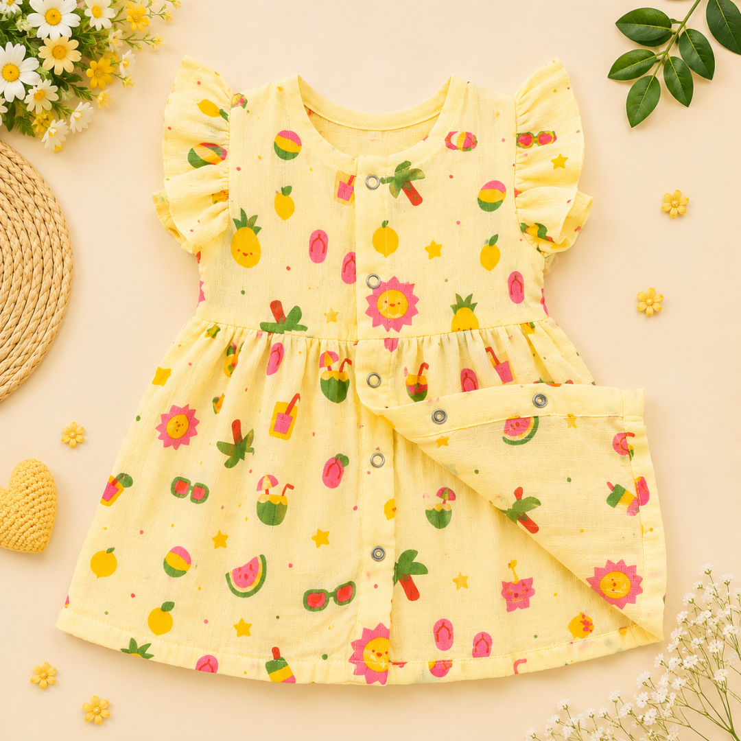 Lilimi Crinckled Muslin Cotton Baby Girls Frocks with Matching Hair Clip