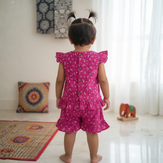 Girls Floral Print Cotton Two-Piece Co Ord Set