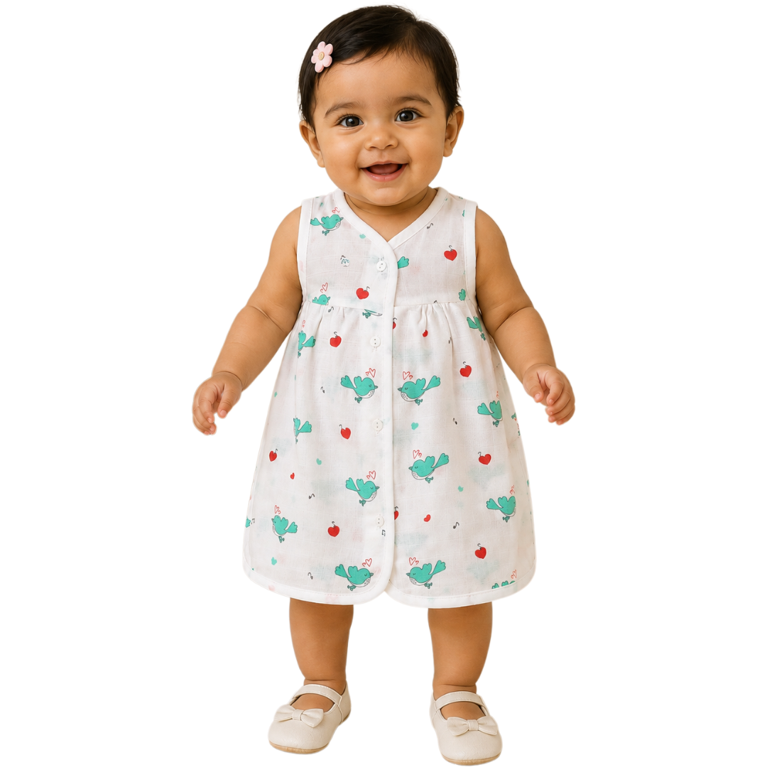 Front Open Muslin Frock | Summer Wear (Little Parrots)