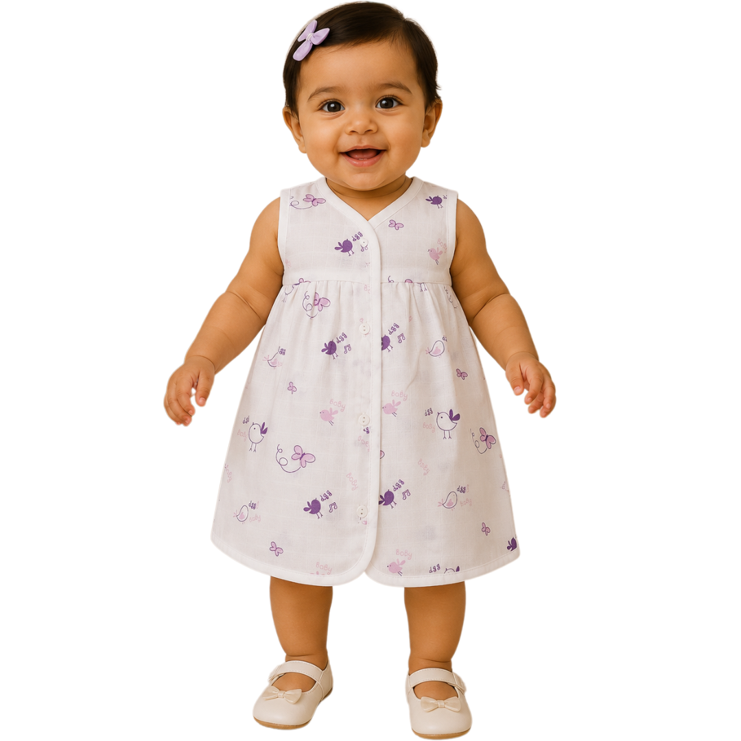 Front Open Muslin Frock | Summer Wear (Cute Lavender Prints)