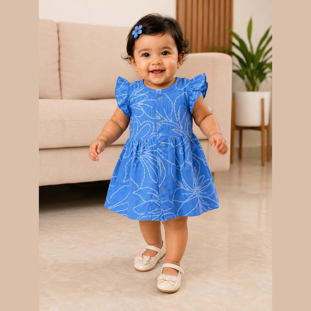 Lilimi Crinckled Muslin Cotton Baby Girls Frocks with Matching Hair Clip