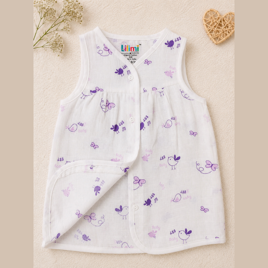 Front Open Muslin Frock | Summer Wear (Cute Lavender Prints)