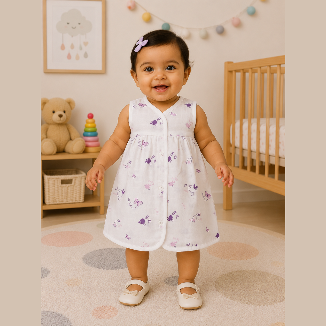 Front Open Muslin Frock | Summer Wear (Cute Lavender Prints)
