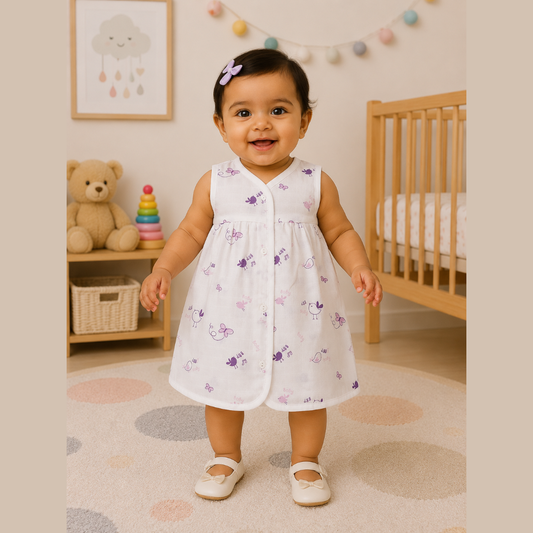 Front Open Muslin Frock | Summer Wear (Cute Lavender Prints)