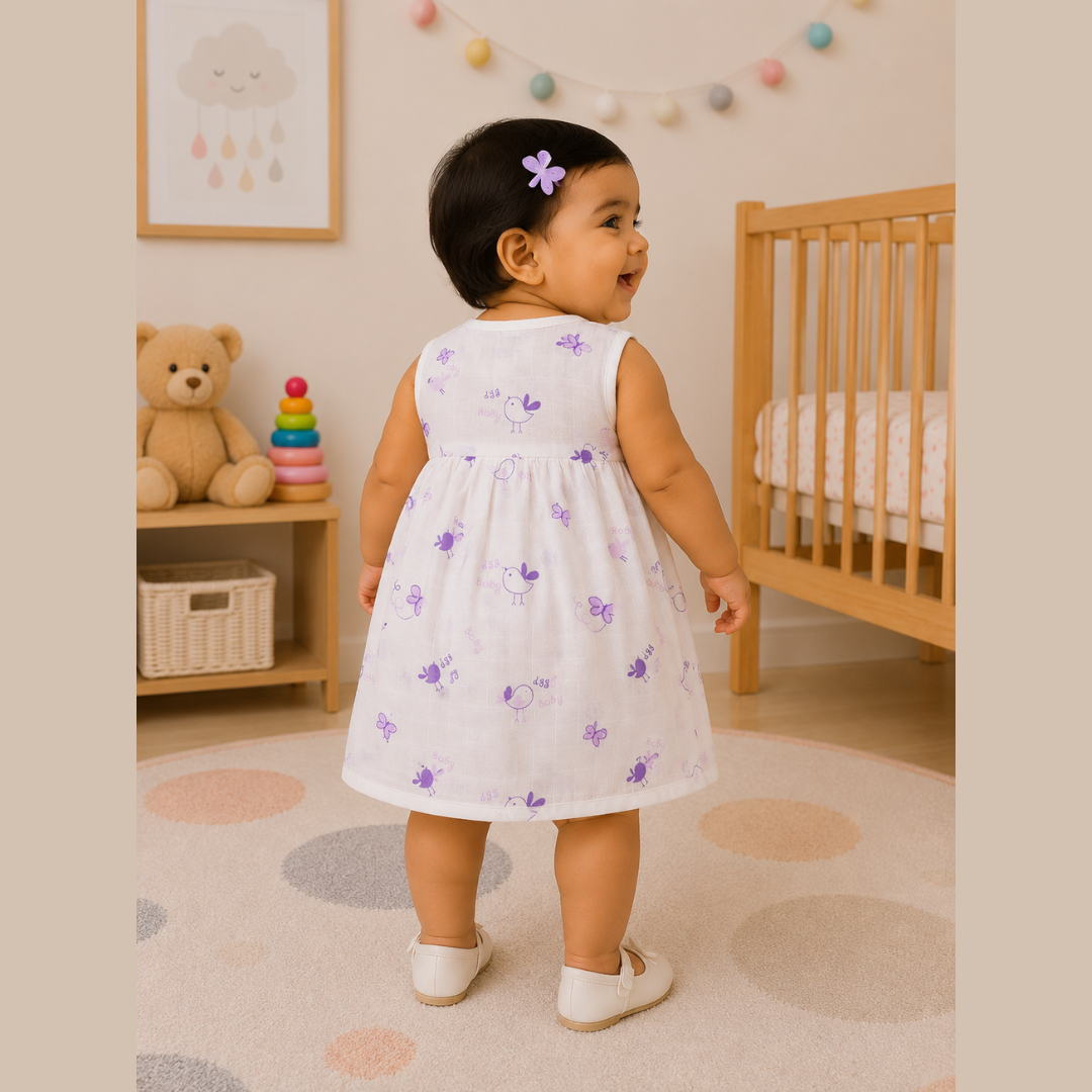 Front Open Muslin Frock | Summer Wear (Cute Lavender Prints)