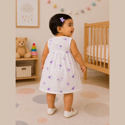Front Open Muslin Frock | Summer Wear (Cute Lavender Prints)