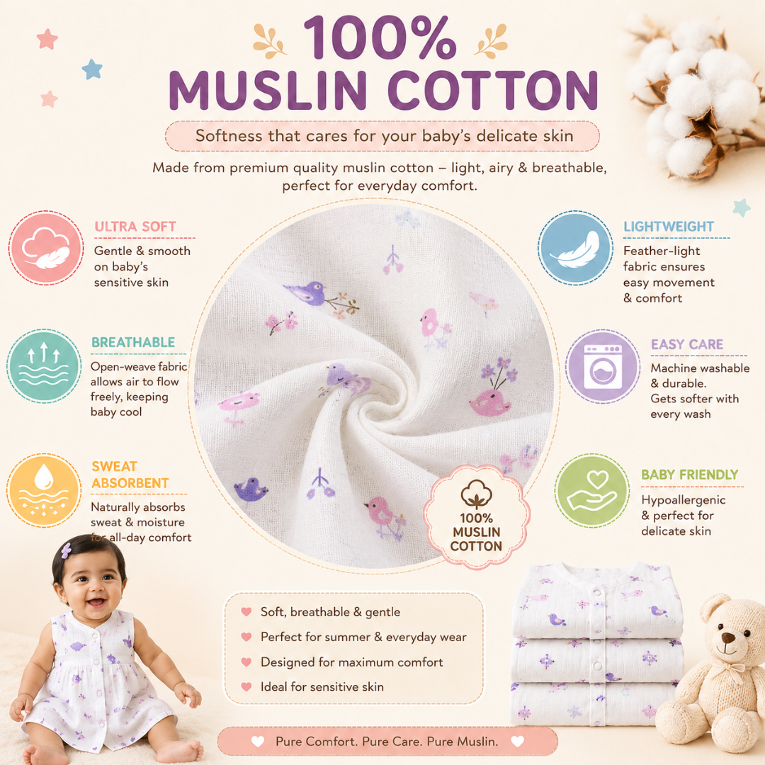Front Open Muslin Frock | Summer Wear (Cute Lavender Prints)