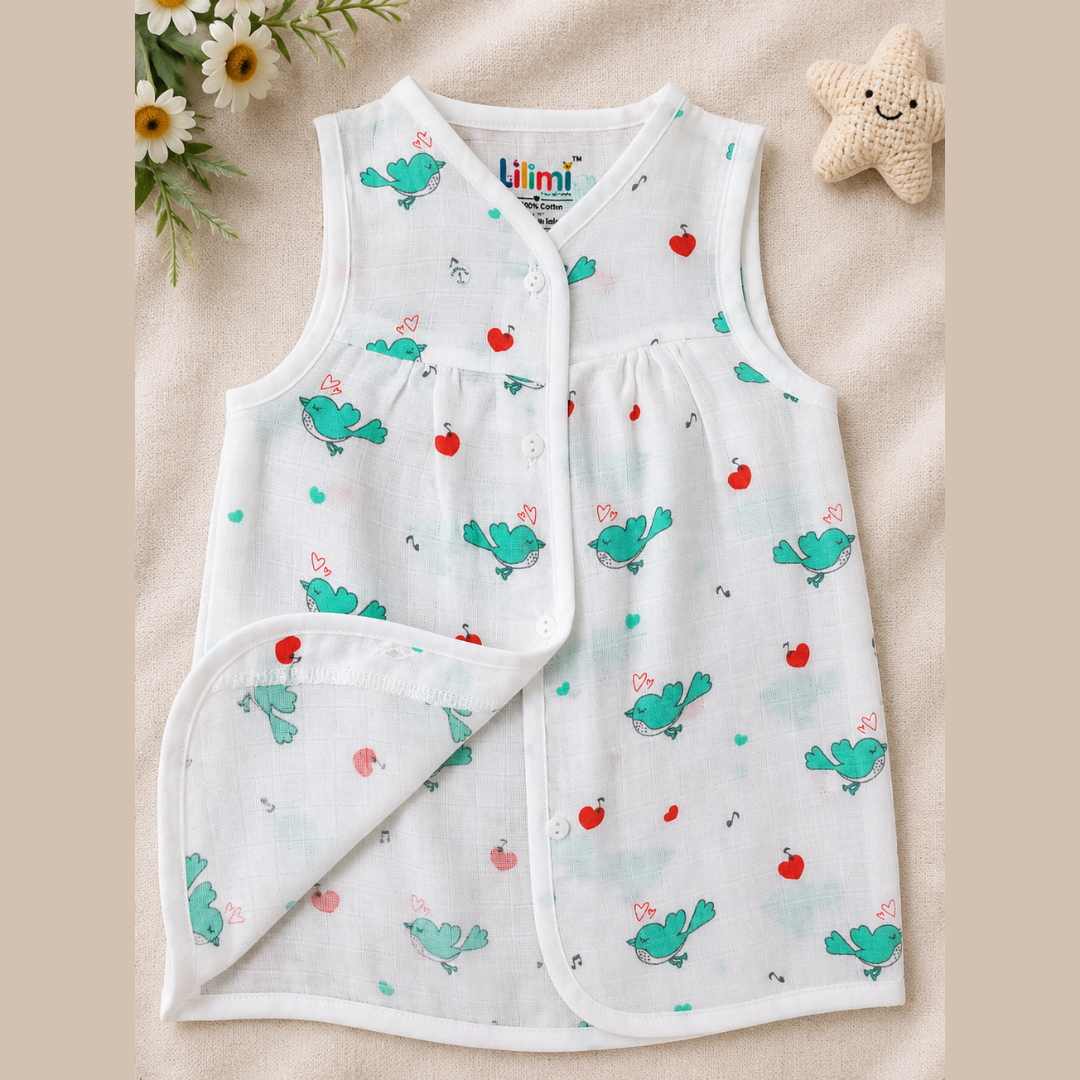 Front Open Muslin Frock | Summer Wear (Little Parrots)