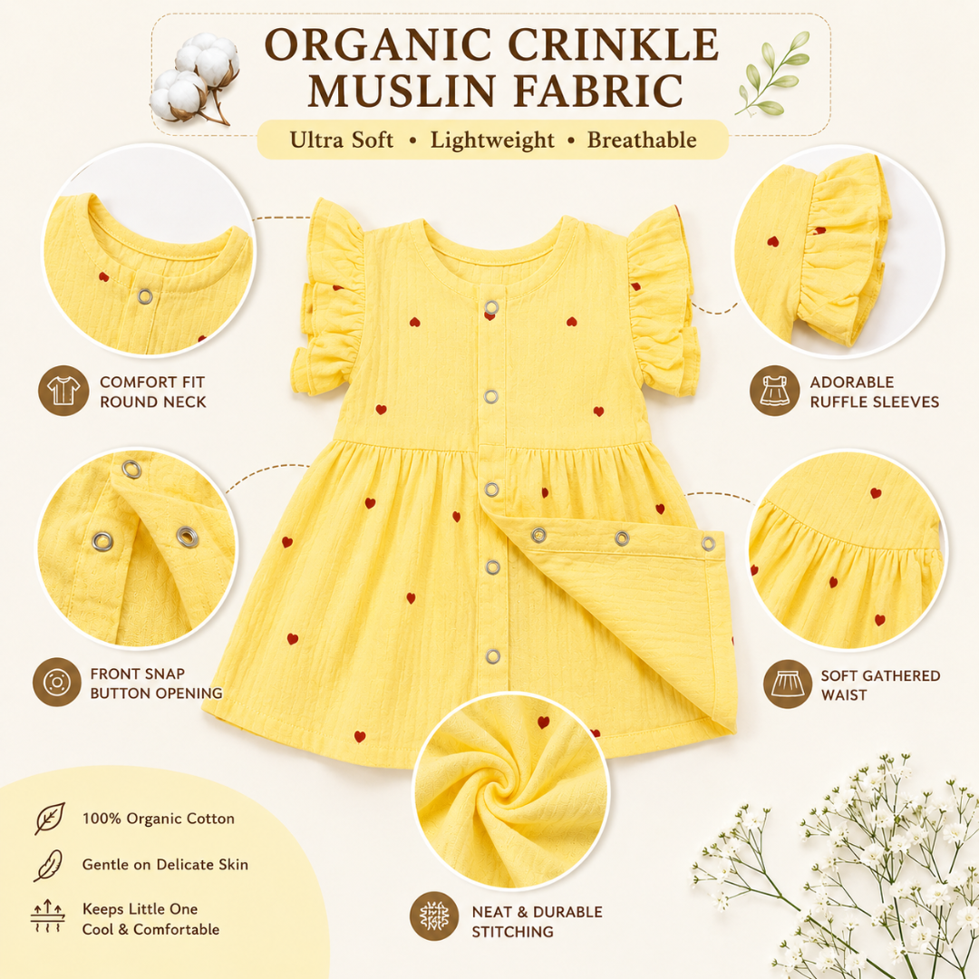 Lilimi Crinckled Muslin Cotton Baby Girls Frocks with Matching Hair Clip