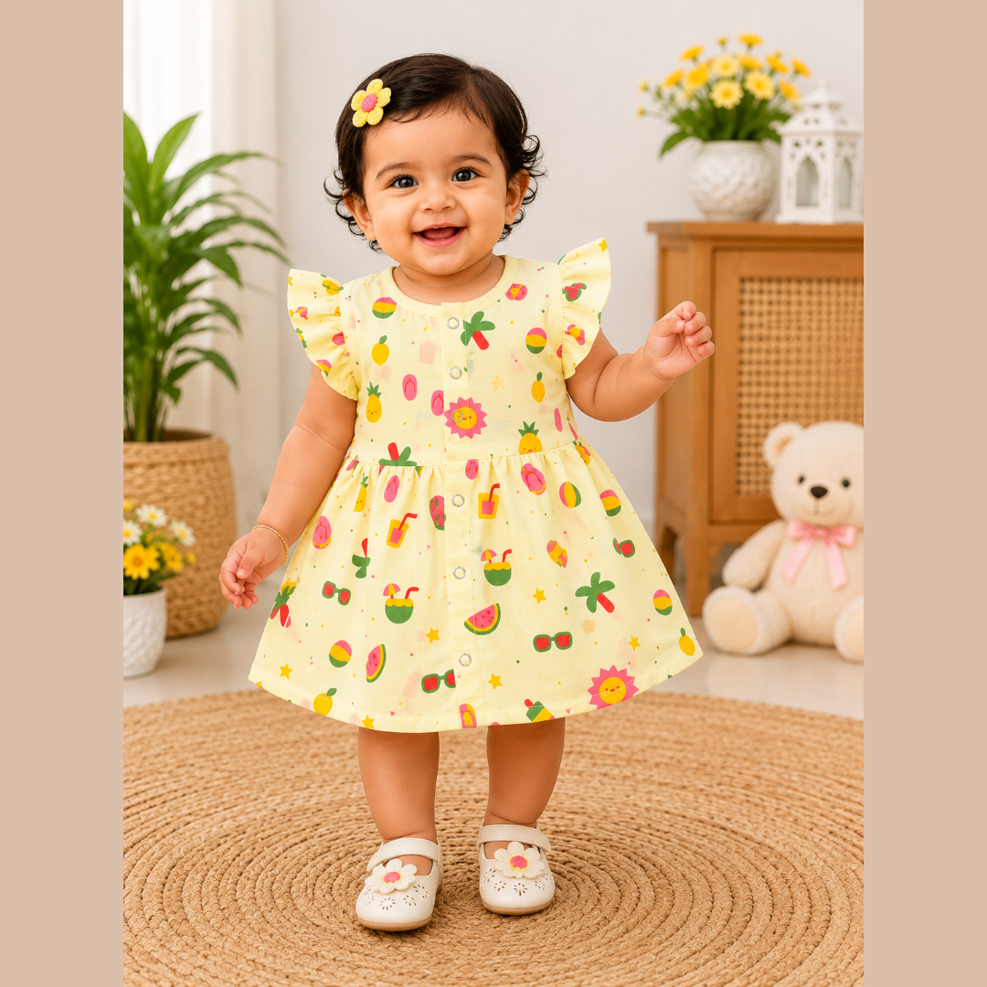 Lilimi Crinckled Muslin Cotton Baby Girls Frocks with Matching Hair Clip