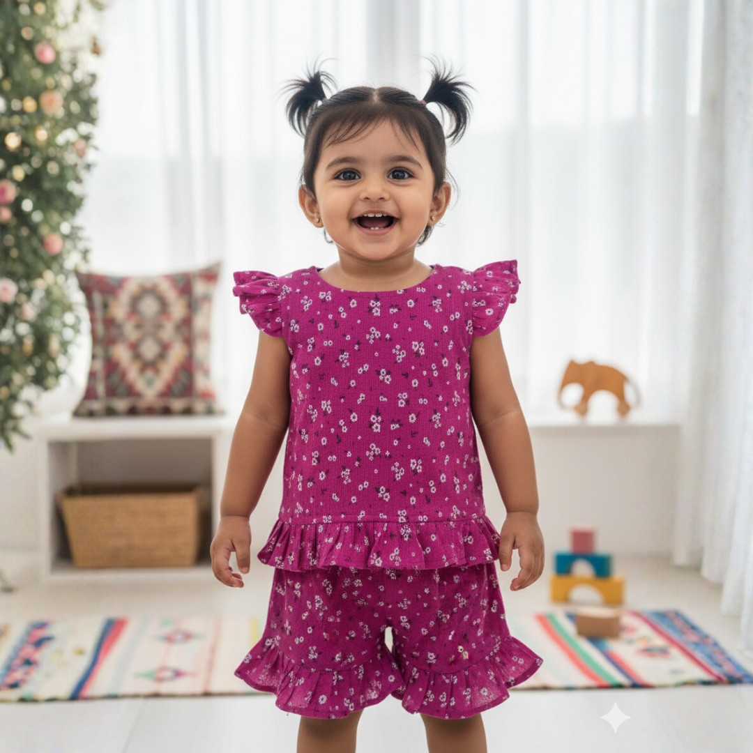 Girls Floral Print Cotton Two-Piece Co Ord Set