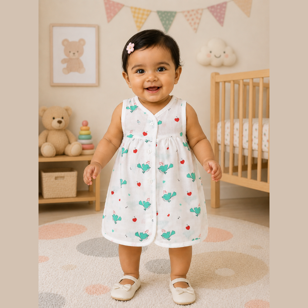 Front Open Muslin Frock | Summer Wear (Little Parrots)