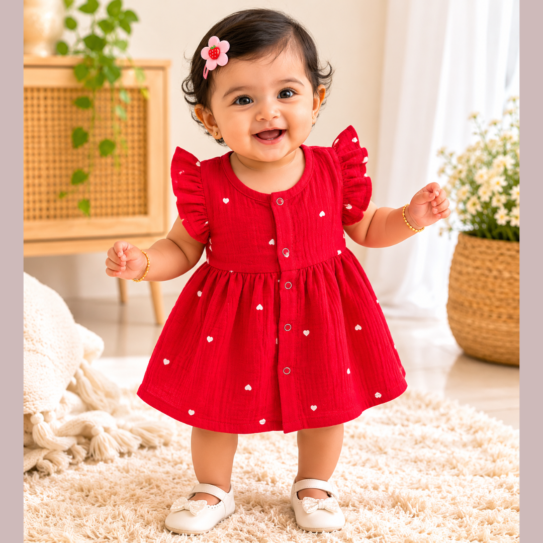 Lilimi Crinckled Muslin Cotton Baby Girls Frocks with Matching Hair Clip