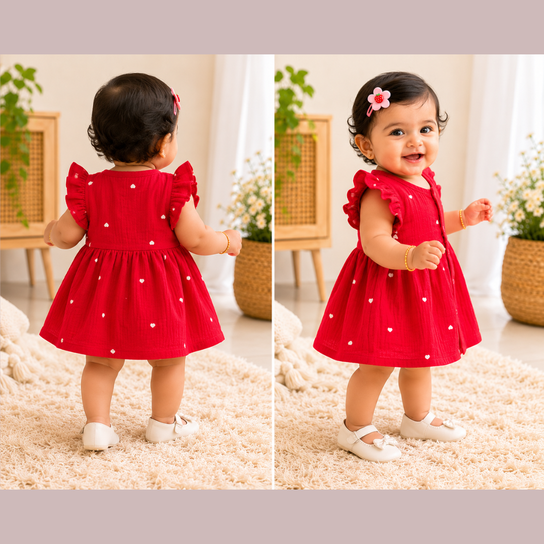 Lilimi Crinckled Muslin Cotton Baby Girls Frocks with Matching Hair Clip