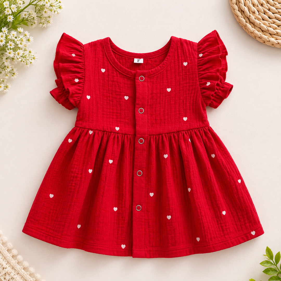 Lilimi Crinckled Muslin Cotton Baby Girls Frocks with Matching Hair Clip