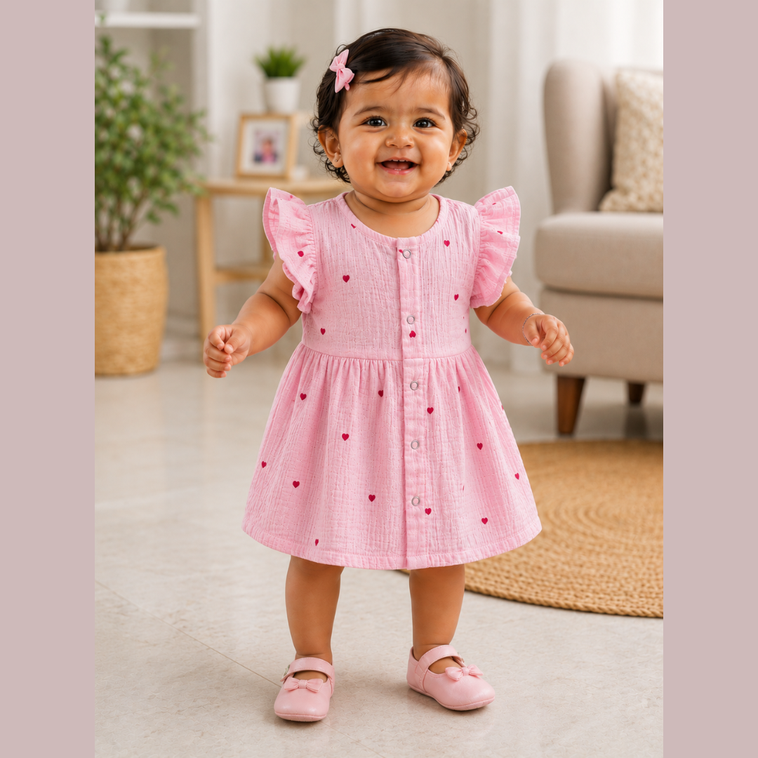 Lilimi Crinckled Muslin Cotton Baby Girls Frocks with Matching Hair Clip