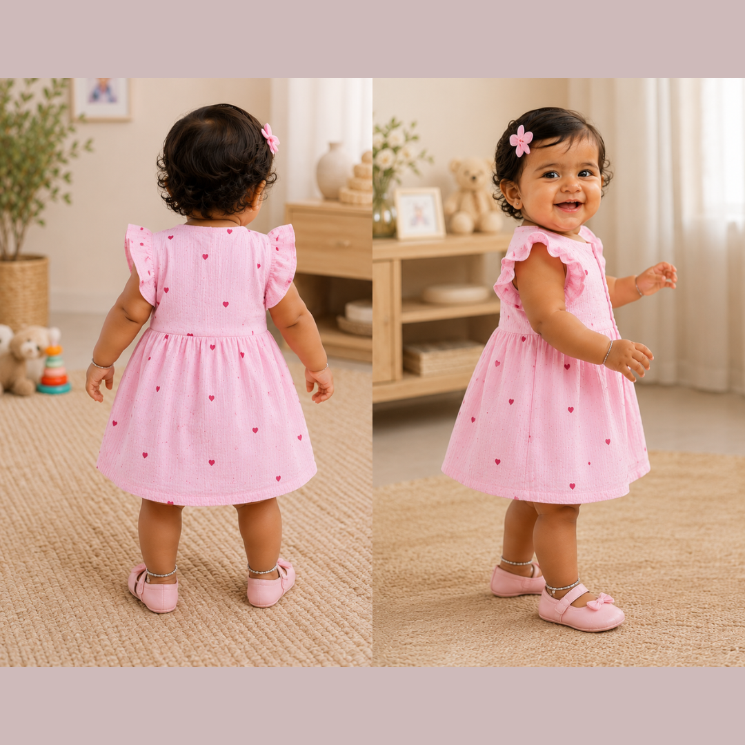 Lilimi Crinckled Muslin Cotton Baby Girls Frocks with Matching Hair Clip