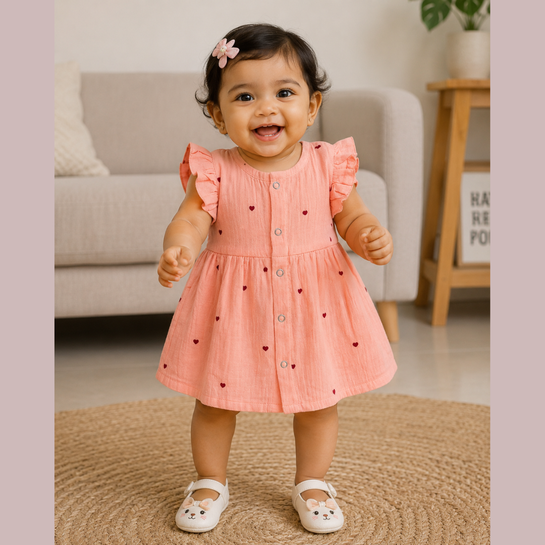 Lilimi Crinckled Muslin Cotton Baby Girls Frocks with Matching Hair Clip