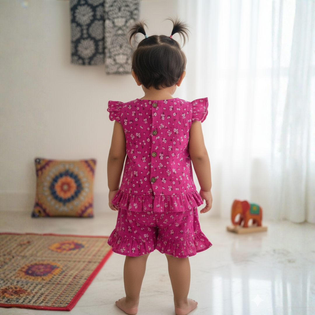 Girls Floral Print Cotton Two-Piece Co Ord Set