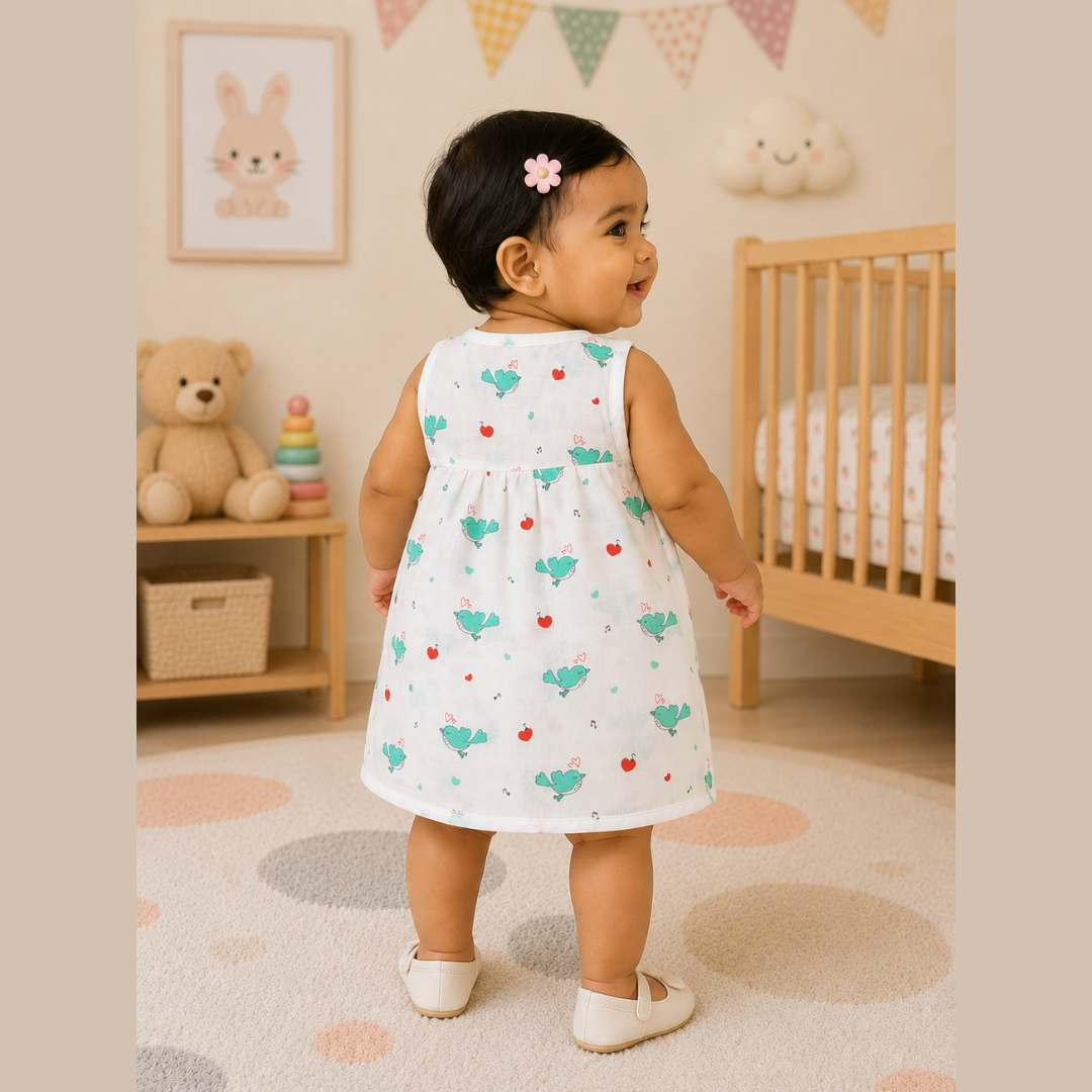 Front Open Muslin Frock | Summer Wear (Little Parrots)