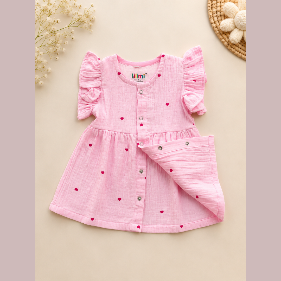 Lilimi Crinckled Muslin Cotton Baby Girls Frocks with Matching Hair Clip