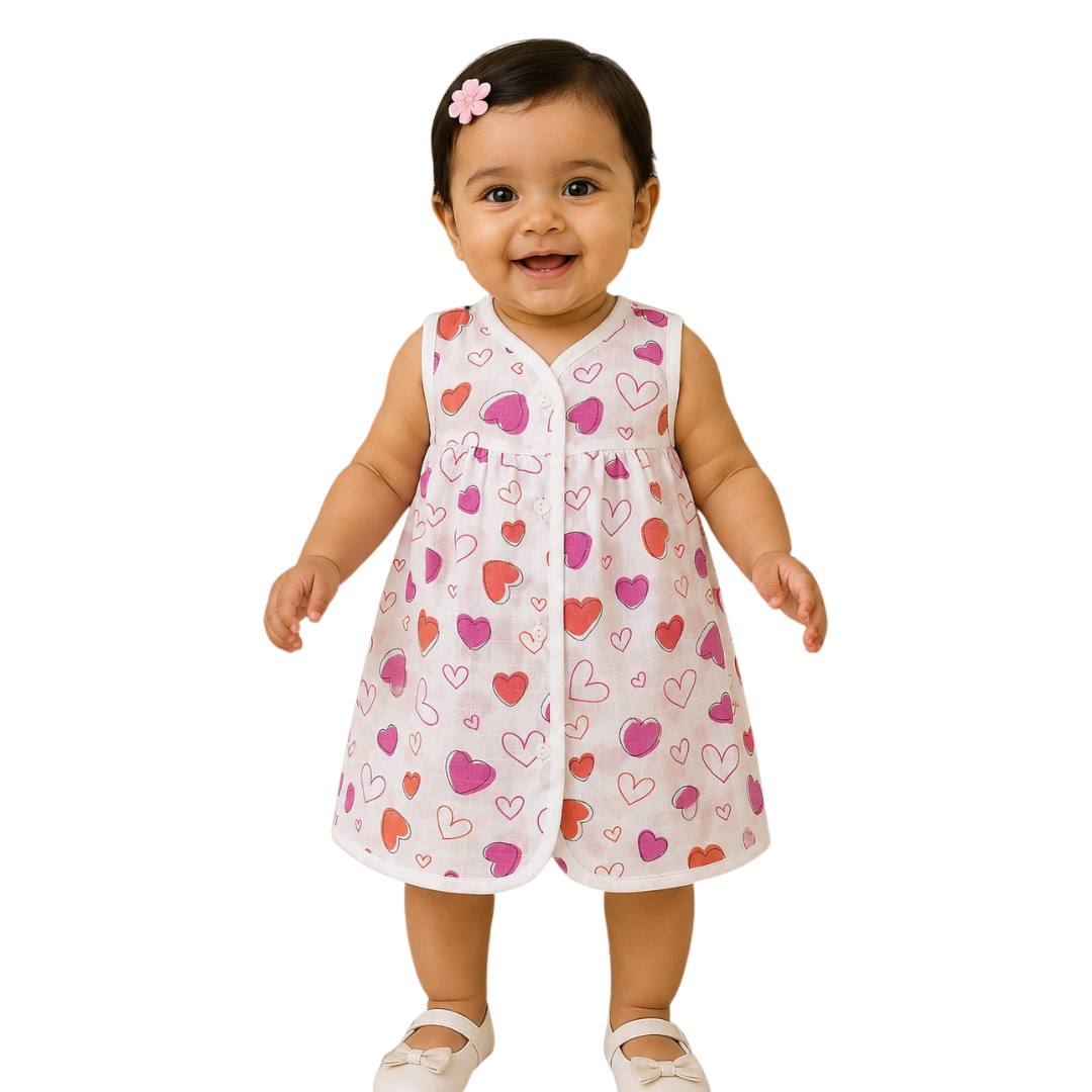 Front Open Muslin Frock | Summer Wear (Pink Heart)