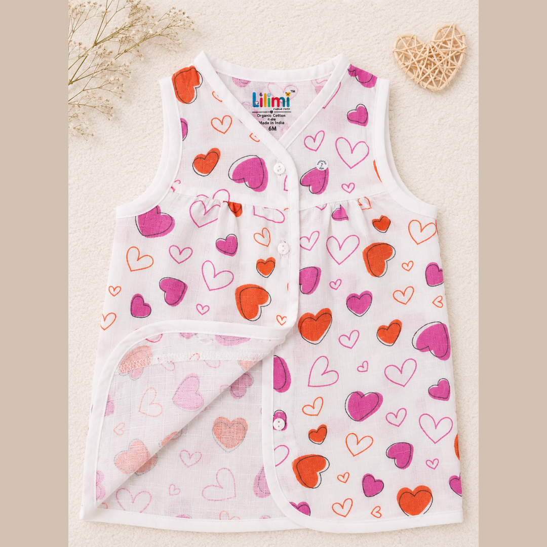 Front Open Muslin Frock | Summer Wear (Pink Heart)