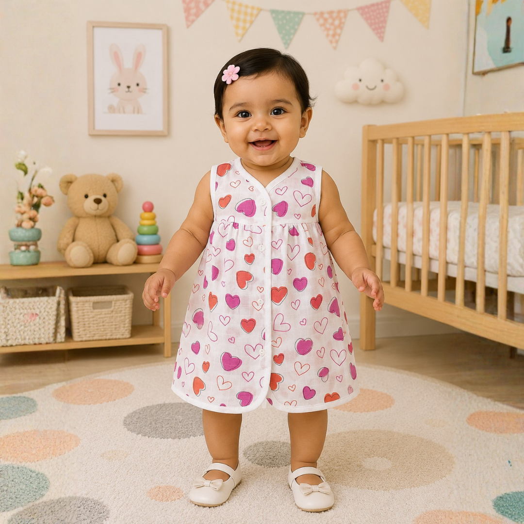 Front Open Muslin Frock | Summer Wear (Pink Heart)