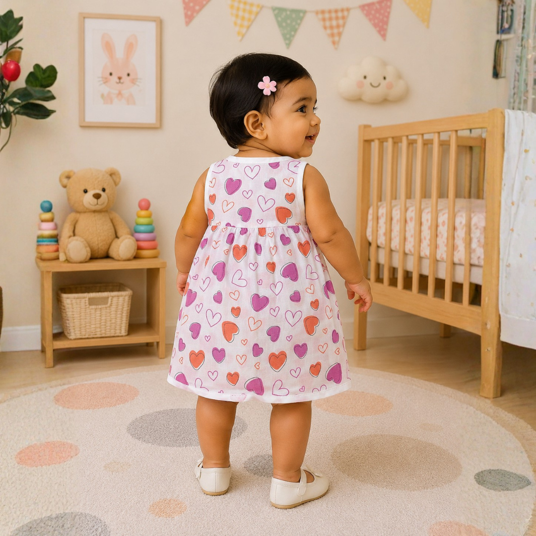 Front Open Muslin Frock | Summer Wear (Pink Heart)