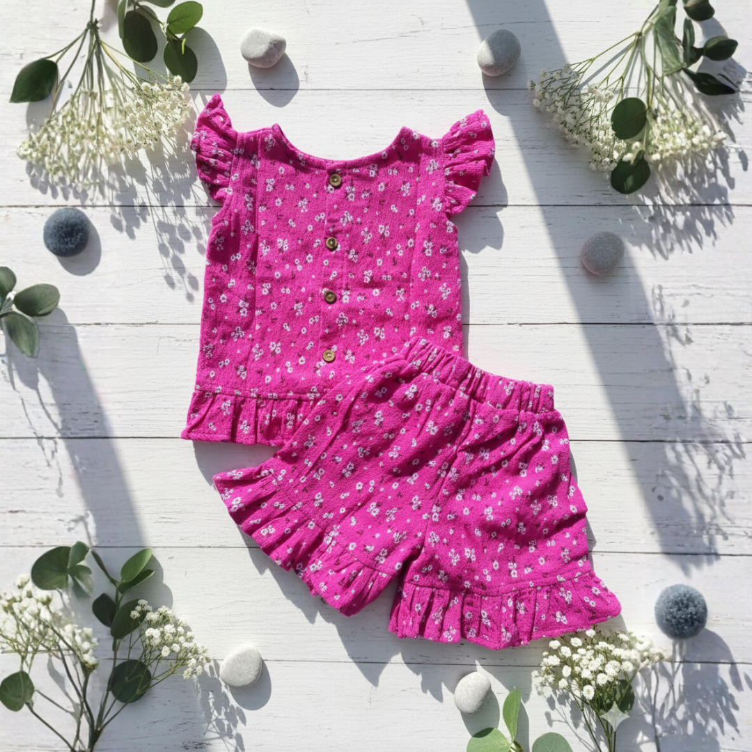 Girls Floral Print Cotton Two-Piece Co Ord Set