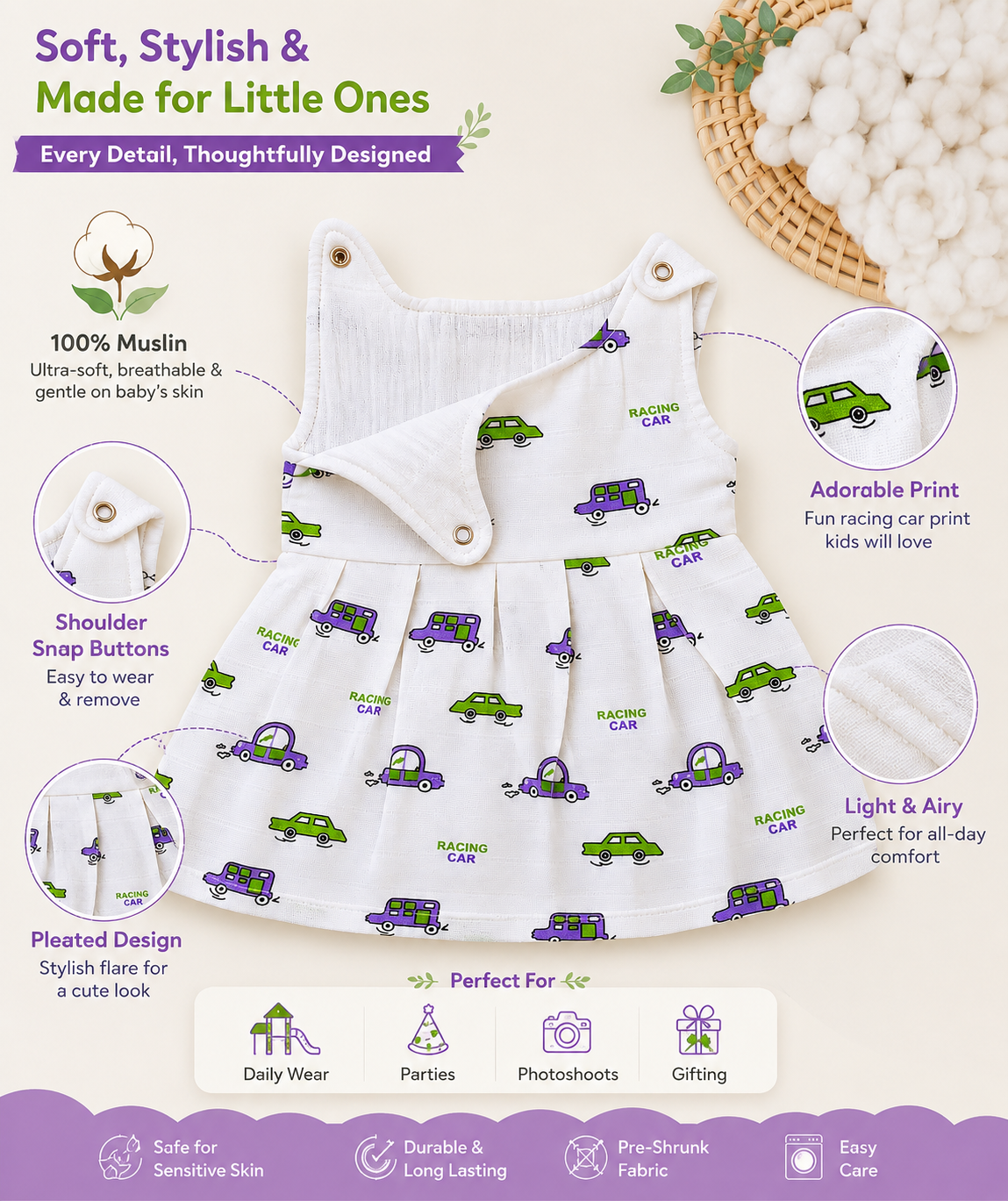 Top Open Muslin Frock | Summer Wear (Mini Car Theme)